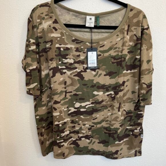 New G-Star Raw Green Brown Camo Scoop Neck 3/4 Sleeve Tee Shirt Women's size S - Picture 1 of 2